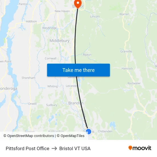 Pittsford Post Office to Bristol VT USA map