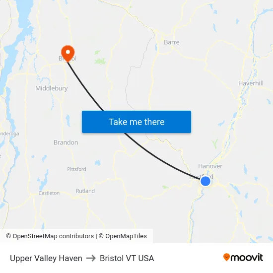 Upper Valley Haven to Bristol VT USA map