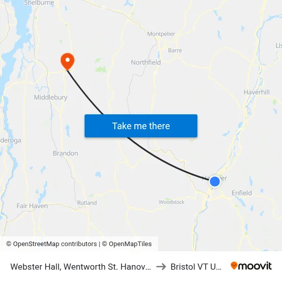 Webster Hall, Wentworth St. Hanover to Bristol VT USA map