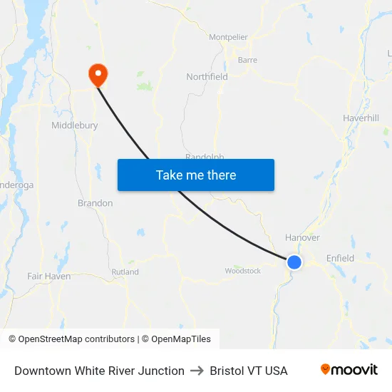 Downtown White River Junction to Bristol VT USA map