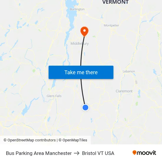 Bus Parking Area Manchester to Bristol VT USA map