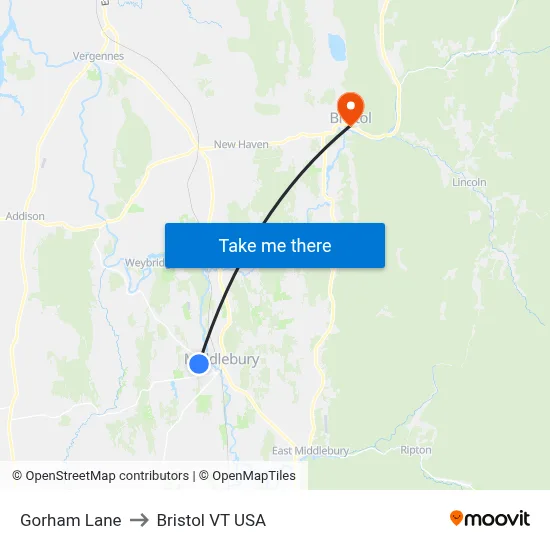 Gorham Lane to Bristol VT USA map