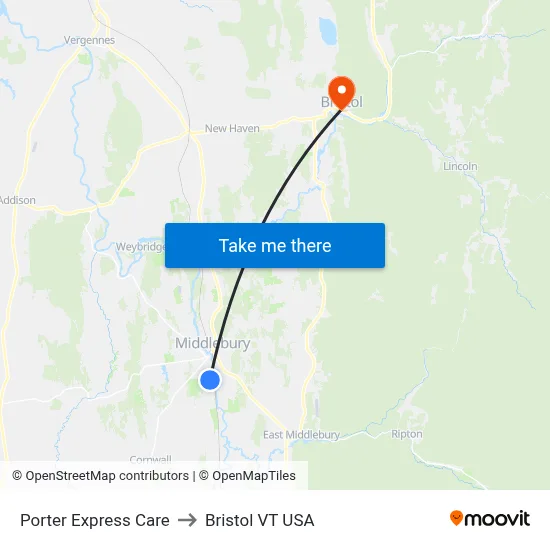 Porter Express Care to Bristol VT USA map