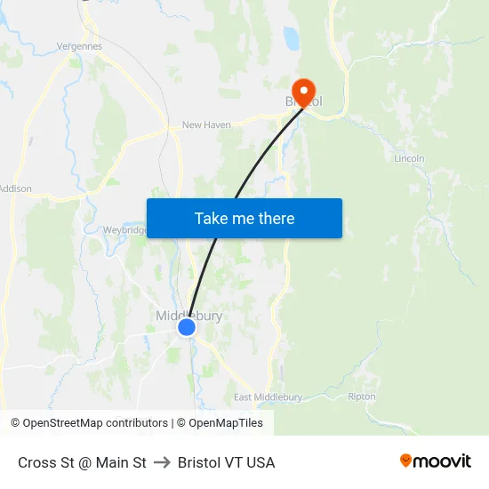 Cross St @ Main St to Bristol VT USA map