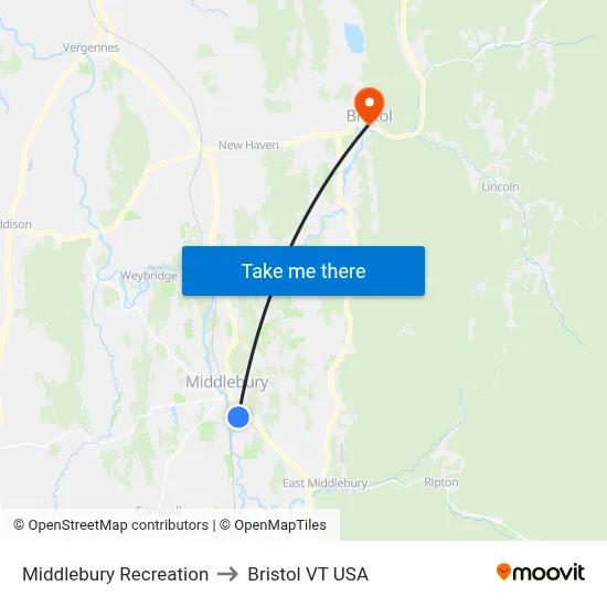 Middlebury Recreation to Bristol VT USA map