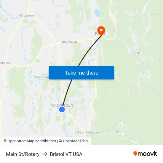 Main St/Rotary to Bristol VT USA map