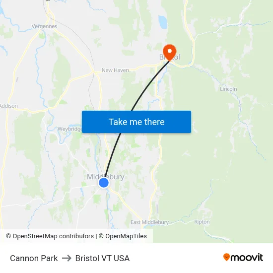 Cannon Park to Bristol VT USA map