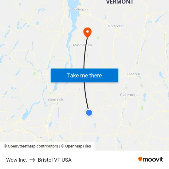 Wcw Inc. to Bristol VT USA map