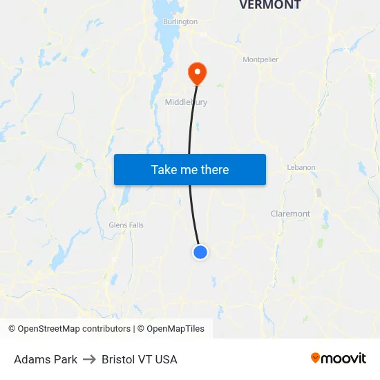 Adams Park to Bristol VT USA map