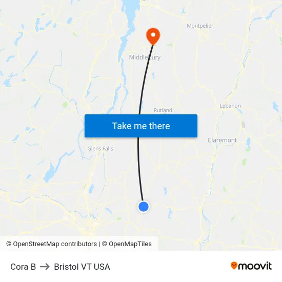 Cora B to Bristol VT USA map