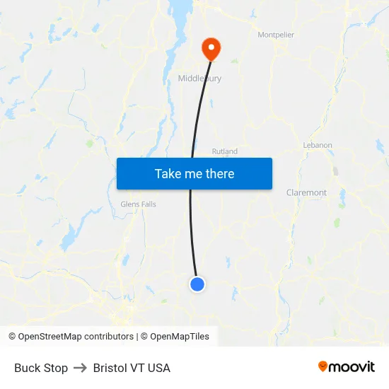Buck Stop to Bristol VT USA map