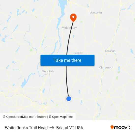 White Rocks Trail Head to Bristol VT USA map