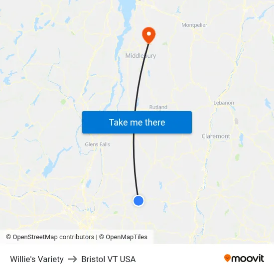 Willie's Variety to Bristol VT USA map