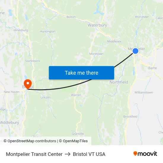 Montpelier Transit Center to Bristol VT USA map