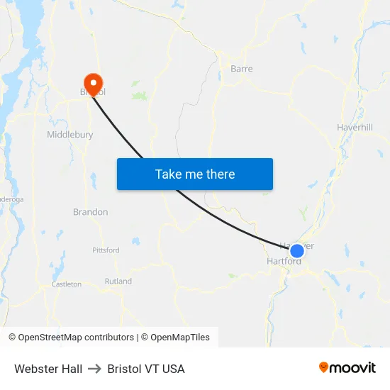 Webster Hall to Bristol VT USA map