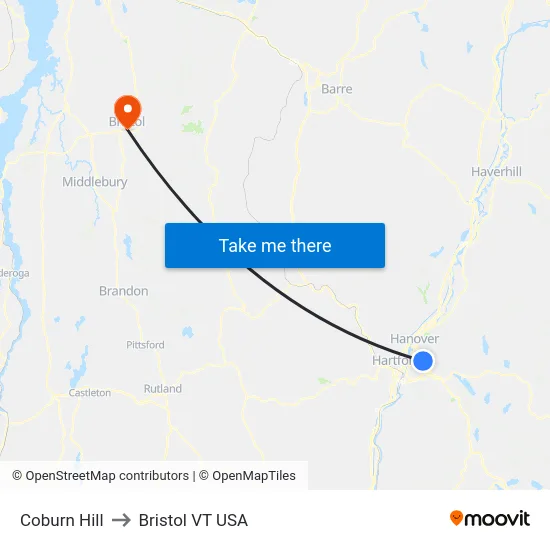 Coburn Hill to Bristol VT USA map