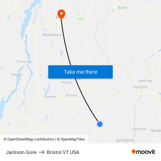 Jackson Gore to Bristol VT USA map