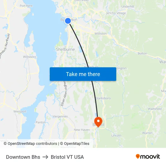 Downtown Bhs to Bristol VT USA map
