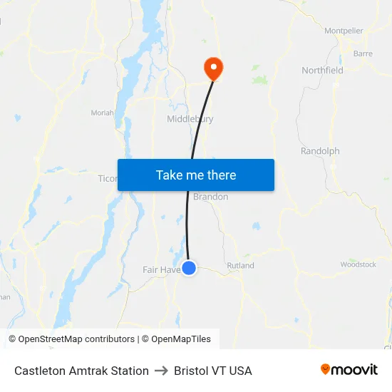 Castleton Amtrak Station to Bristol VT USA map