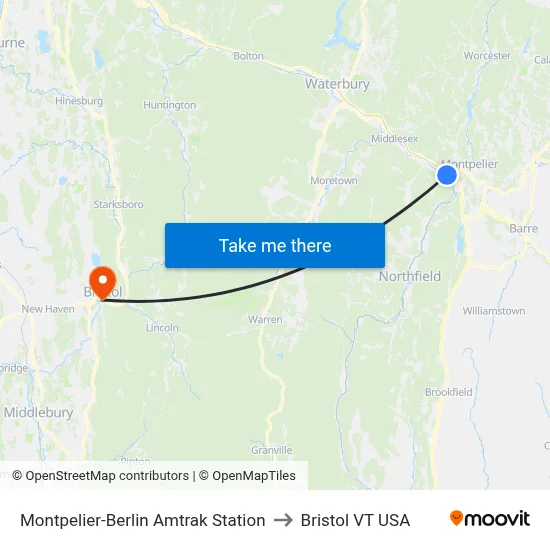 Montpelier-Berlin Amtrak Station to Bristol VT USA map
