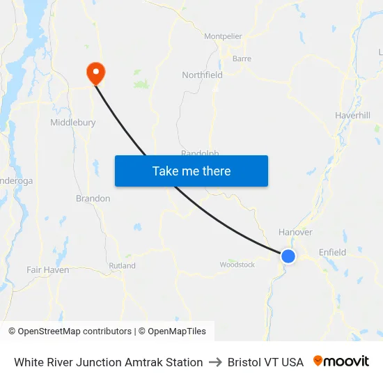 White River Junction Amtrak Station to Bristol VT USA map