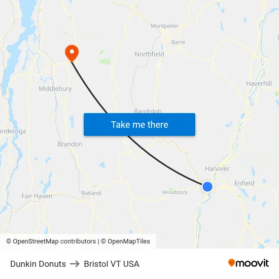 Dunkin Donuts to Bristol VT USA map