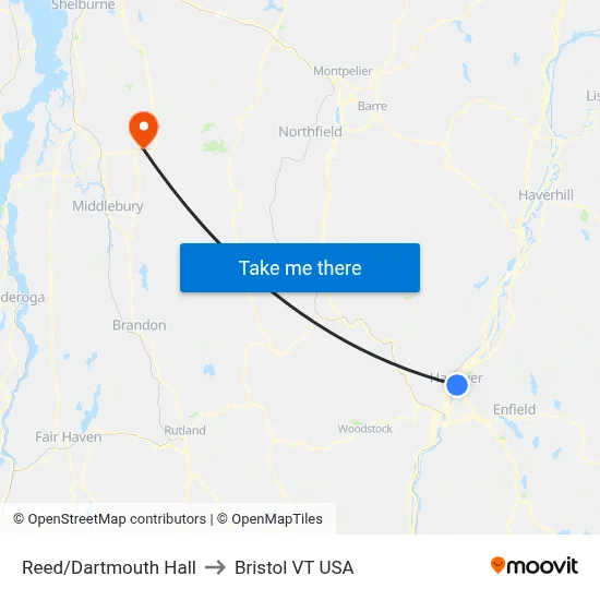Reed/Dartmouth Hall to Bristol VT USA map