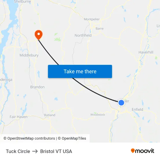 Tuck Circle to Bristol VT USA map