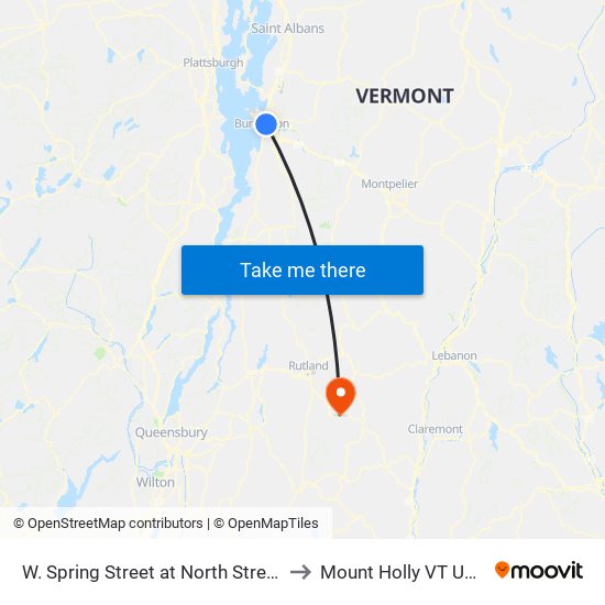 W. Spring Street at North Street to Mount Holly VT USA map