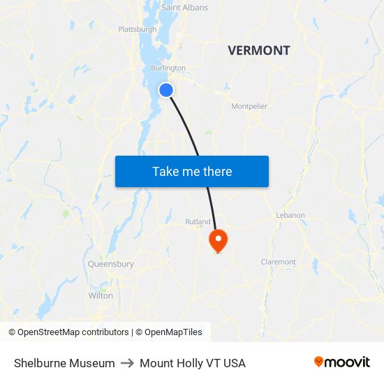 Shelburne Museum to Mount Holly VT USA map