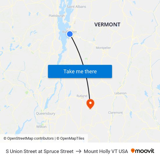 S Union Street at Spruce Street to Mount Holly VT USA map