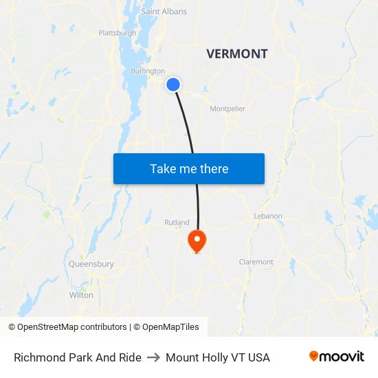 Richmond Park And Ride to Mount Holly VT USA map