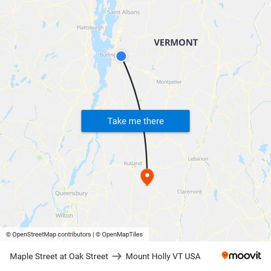 Maple Street at Oak Street to Mount Holly VT USA map