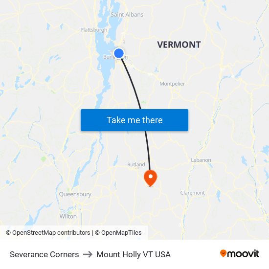 Severance Corners to Mount Holly VT USA map