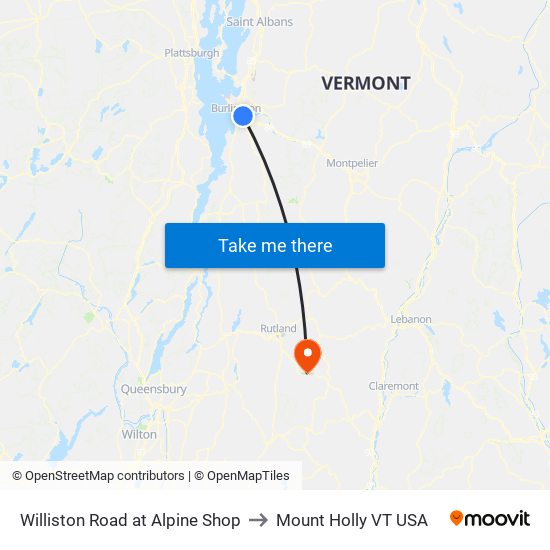 Williston Road at Alpine Shop to Mount Holly VT USA map