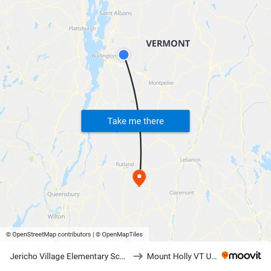 Jericho Village Elementary School to Mount Holly VT USA map