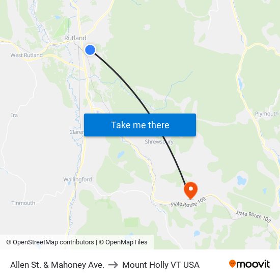 Allen St. & Mahoney Ave. to Mount Holly VT USA map