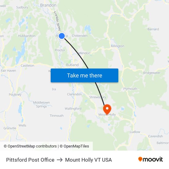 Pittsford Post Office to Mount Holly VT USA map