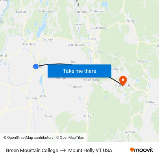 Green Mountain College to Mount Holly VT USA map