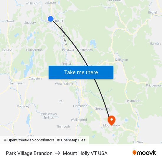 Park Village Brandon to Mount Holly VT USA map