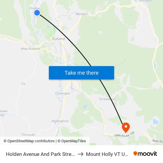 Holden Avenue And Park Street to Mount Holly VT USA map