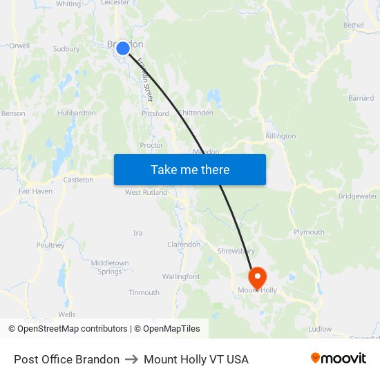 Post Office Brandon to Mount Holly VT USA map