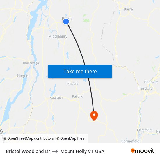 Bristol Woodland Dr to Mount Holly VT USA map