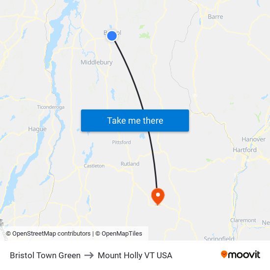 Bristol Town Green to Mount Holly VT USA map