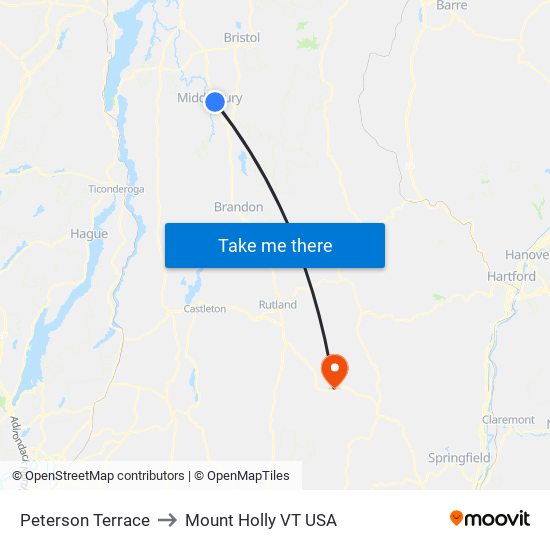 Peterson Terrace to Mount Holly VT USA map