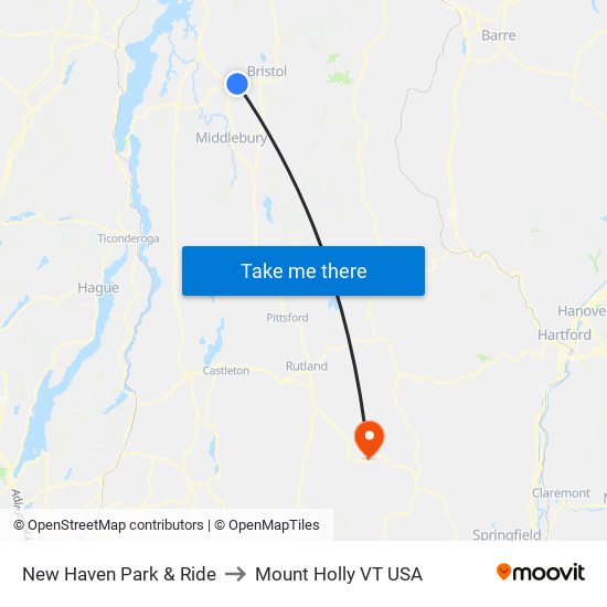 New Haven Park & Ride to Mount Holly VT USA map