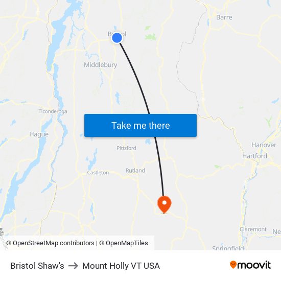 Bristol Shaw's to Mount Holly VT USA map