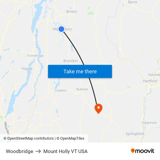 Woodbridge to Mount Holly VT USA map