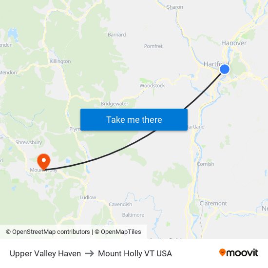 Upper Valley Haven to Mount Holly VT USA map