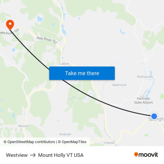 Westview to Mount Holly VT USA map